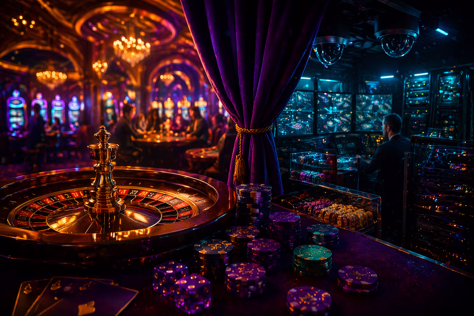 Coulisses d'un floor de casino avec de vrais croupiers et surveillance